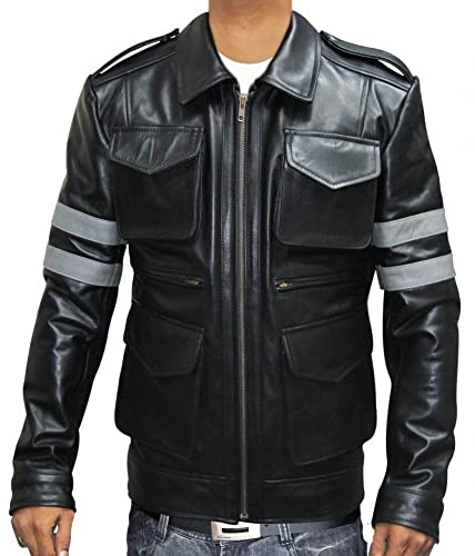 Resident Evil 6 Leon Kennedy Chaqueta de cuero de vaca negro, Negro, XL
