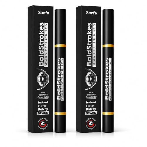 Image of Sanfe BoldStrokes Beard Definer Pen for Men | Instant Beard Fill & Patchy Beard Concealer | Waterproof Beard Filler Pen with Precision Brush Tip | Natural Black | Pack of 2 | 0.5g