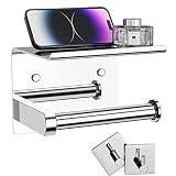 Tindbea Toilet Paper Holder with Phone Shelf + Towel Robe Hooks, Adhesive or Screw Wall Mounted Toil