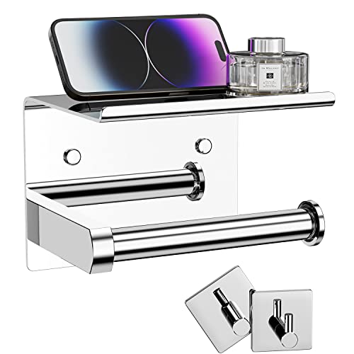 Tindbea Toilet Paper Holder With Phone Shelf + Towel Robe Hooks, Adhesive Or Screw Wall Mounted Toilet Paper Roll Storage, Stainless Steel Bathroom Tissue Roll Holder (Polished Chrome) #TOP2