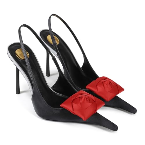 CAGLGLZ Flower High Heels for Women Closed Pointed Toe Stilettos Heel Pumps Slip On Elastic Ankle Strap Slingbacks Fashion Party Dressy Ladies Sandals Shoes(Black Purple,6.5) by CAGLGLZ - Used condition - Image 6