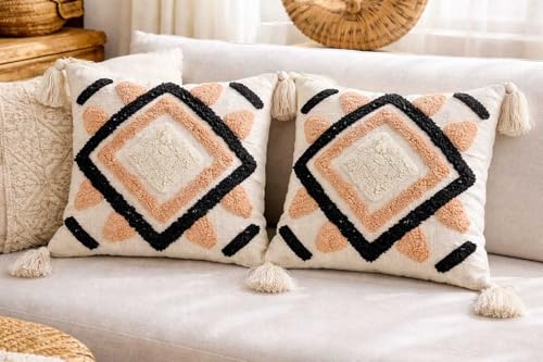 Image of Cushion Cover Pack of 5 (16x16 Inches) | Cotton Textured Decorative Throw Pillow Case for Sofa Bed Living Room Diamond Tufted Cushion Cover with Tassels (Multicolor)