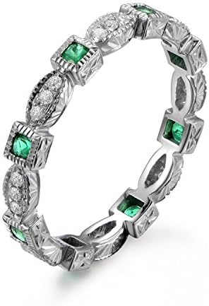 Green Emerald Wedding Ring Full Eternity Milgrain Diamond Wedding Band Art Deco 14K White Gold Rose Gold