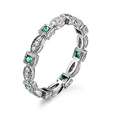 Green Emerald Wedding Ring Full Eternity Milgrain Diamond Wedding Band Art Deco 14K White Gold Rose