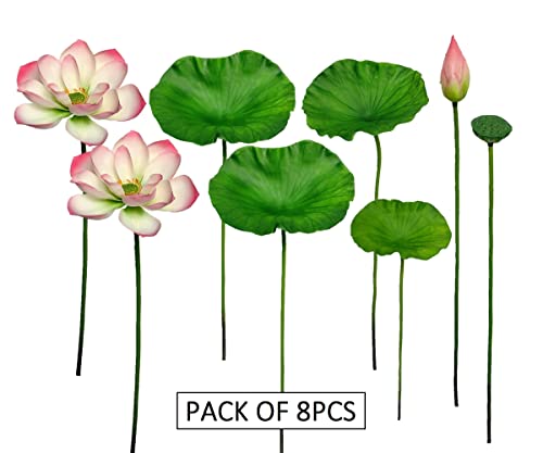 Raxcelivia Set Of 8 - Artificial Lotus Flowers, Leaves, Seedpod And Flower Bud Pu Real Touch Water Lily Realistic Flowers For Home Garden Floral Decor Wedding Spray Arrangement (Pink + Green) #TOP4