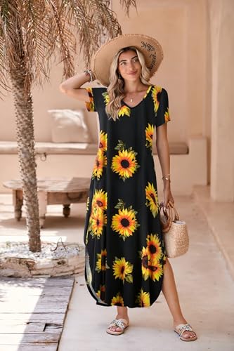 Image of BELAROI Plus Size Maxi Dress for Women Summer Casual V Neck Short Sleeve Long Dress with Pockets Beach Vacation Cover Up