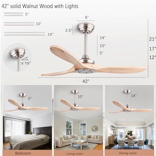 Image of QUTWOB 42 inch Wood Ceiling Fan No Light, Reversible DC Motor, Remote Control | solid wood blades, quiet 6-speed reversible dc motor, remote control, no light, for indoor outdoor patio garage bedroom