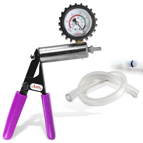 LeLuv Ultima Purple Vacuum Pump - Aluminum Alloy Silver Handle Manual Hand Vacuum (0-30 Hg, 0-760 mmHg), Gauge Installed with Protective Rubber Cover, Silicone Padded Grips with Clear Hose &amp; Fitting