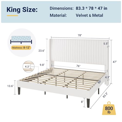 Image of Allewie King Size Velvet Bed Frame /Vertical Channel Tufted Wingback Headboard /Upholstered Platform Bed /No Box Spring Needed /Strong Wooden Slats /Easy Assembly /White