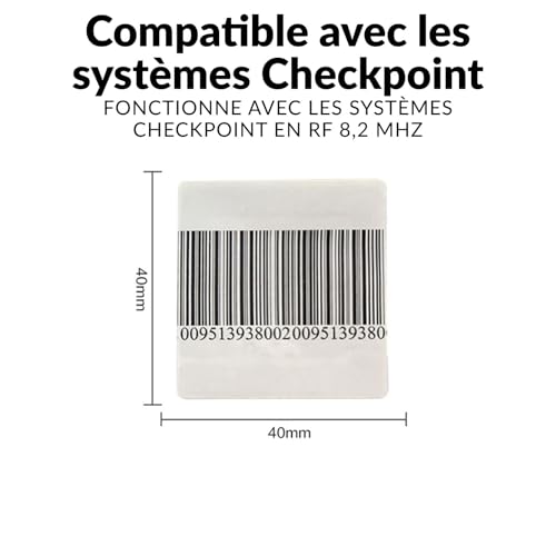 Sicherheitsetiketten RF 8,2 MHz – 1000 Etiketten Diebstahlsicherung 4 x 4 cm kompatibel mit Checkpoint – selbstklebend mit Barcode-Attrappe – Anti-Theft Labels