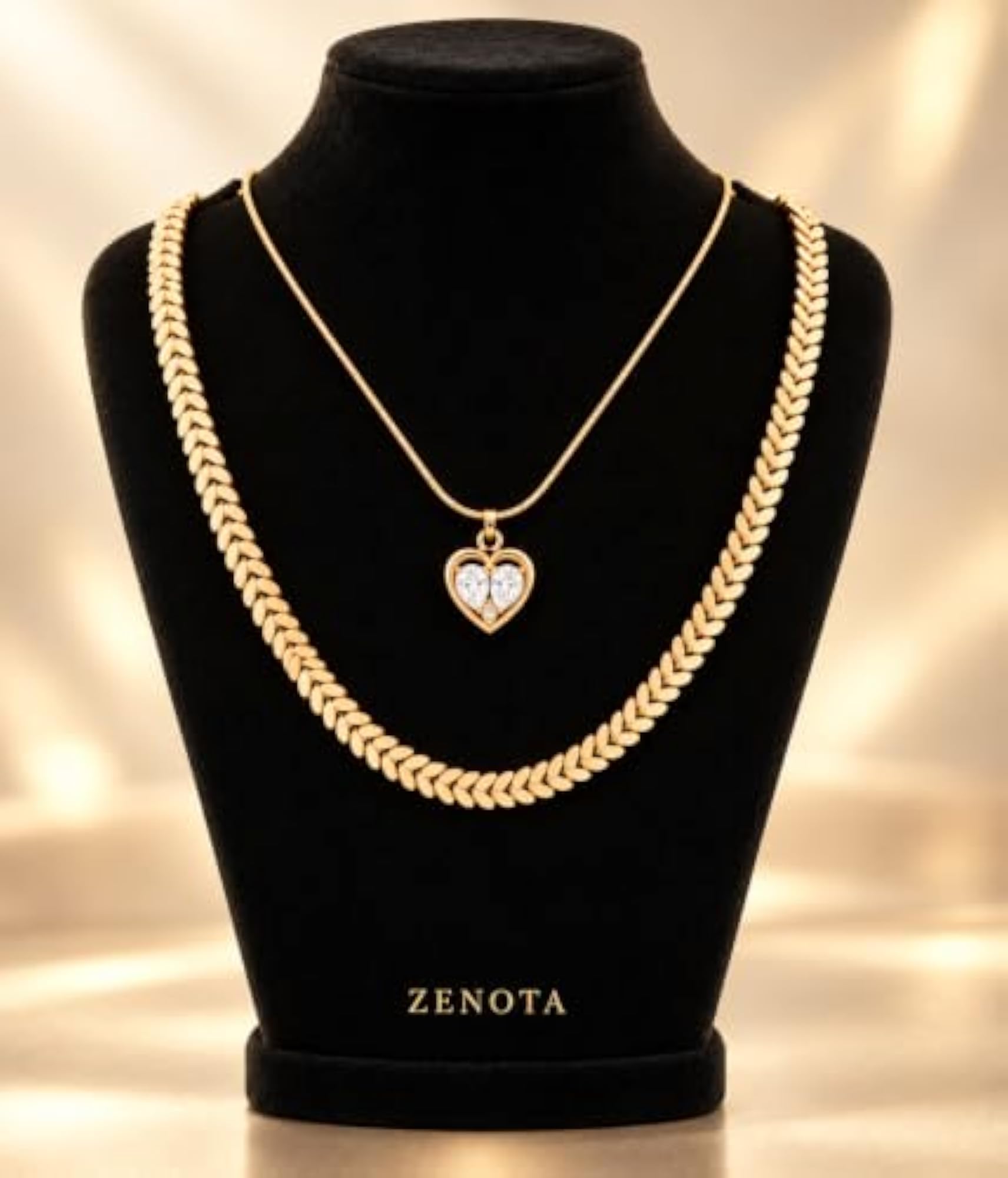 Women's 2 Chain Layer Necklace with Purple Flower & Heart Pendants