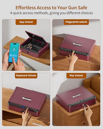 Image of BILLCONCH Gun Safe for Handgun - Biometric Pistol Safe 4 Ways Quick Access with Fingerprint /Full-digital Keypad /Key /APP Lock and Security Cable for Nightstand Bedside Home - Burgundy Red