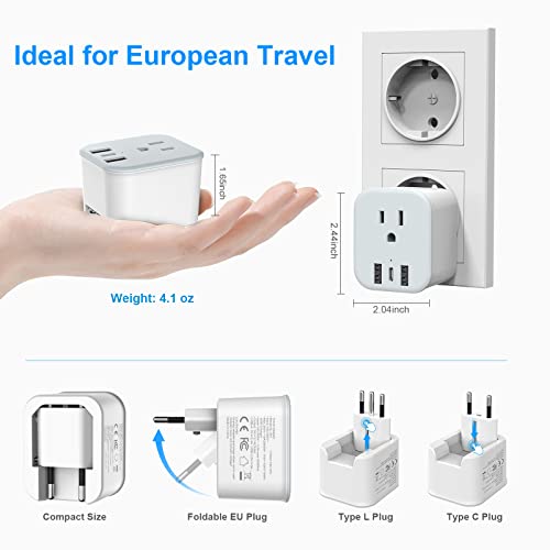 European Travel Plug Adapter Foldable International Power Plug Adapter With Usb-C, Type C/L 2 In 1 Plug Adaptor Converter For Us To Most Of Europe Eu Spain Italy France Germany #TOP1