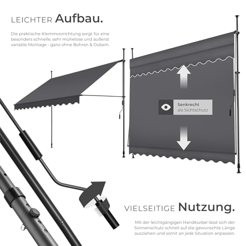 tectake® Klemmmarkise mit Handkurbel, Balkon Markise ohne Bohren, Markise höhenverstellbar, UV-beständig, wasserabweisend, Terrassenüberdachung, Sonnenschutz Terrasse & Balkon, 300 cm - schwarz/grau 3