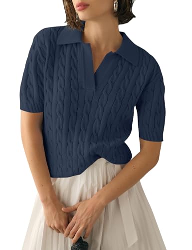 Image of Micoson Womens Short Sleeve Sweater Tops Lapel V Neck Polo Shirts 2026 Summer Cable Knit Loose Blouse Business Casual Outfits