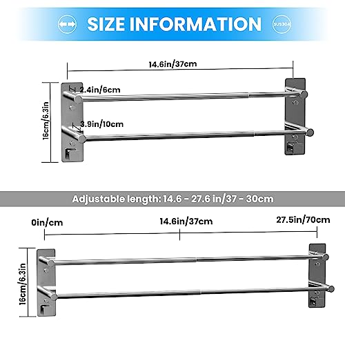Mivcinn Towel Rail Wall Mounted (37-70CM) 14.6-27.6inch SUS304 Stainless Steel Towel Holders Self Adhesive 2-Tier Towel Rack with 2 Hooks Towel Shelf Bar Adjustable Towel Rack for Bathroom Kitchen - Image 3
