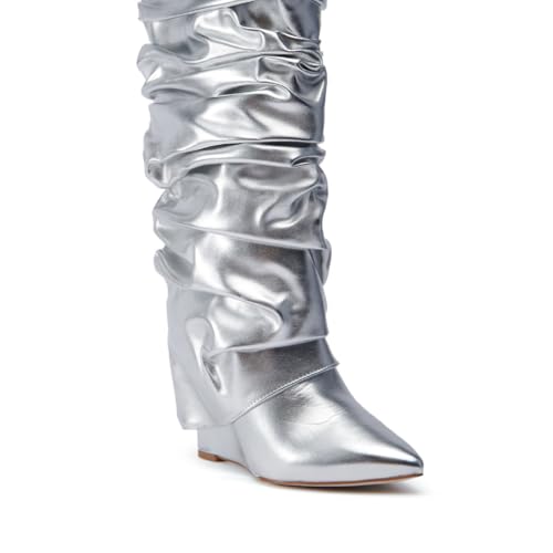 RKQ Women's Wedge Heel Fold Over Boot Wide calf Pointed Toe Knee High Boot Pull On Classic Party Wedding Tall Shark Boots4