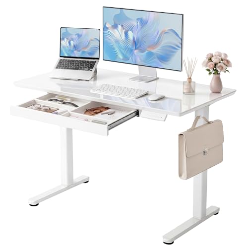 Image of YDN Glass Standing Desk with Drawer, 48 x 24 Inches Electric Adjustable Height Desk, Sit Stand Home Office Desk with Tempered Glass Top, 4 Memory Presets Ergonomic Computer Desk, Super White