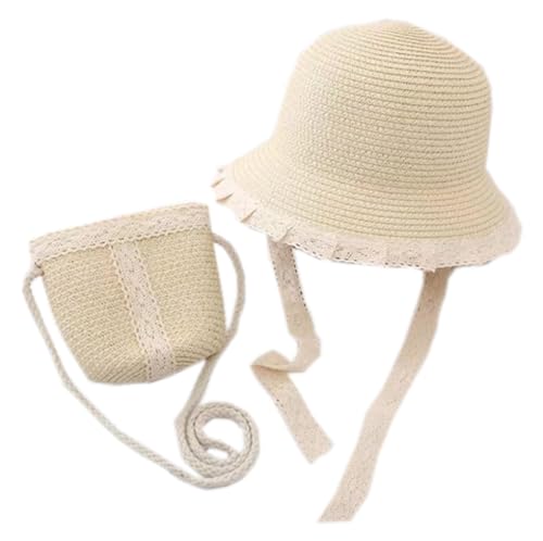 Kids Sun Hat Girls Lace Straw Hat Bucket Cap with Mini Cross Body Straw Bag Summer Beach Straw Hat Outdoor Travel