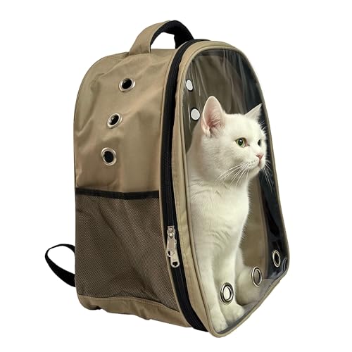 Tailworld Portable Pet Carrier Bag for Cats & Small Dogs, Transparent Window, 9 Air Vents, Breathable Mesh, Safety Leash, Lightweight Travel Backpack for Days Out (Beige)