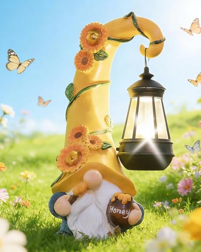 twinbling Birthday Gifts for Women Mom - Garden Gnome Statue with Solar Lights Large Garden Sculptures Funny Bee Gnome Outdoor Patio Lawn Yard Garden Decor 12 in Summer Gnomes Outdoor