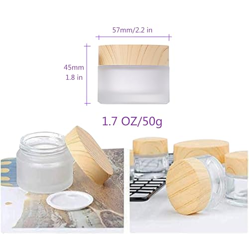 50 Gram/50 ml Empty Sample Jars Round Frosted Glass Bottle Cosmetic Cream Jar Wood Grain Lid Cosmetic Container Glass Cream Box Refillable Cream Pot Jars for Lip Balm Lotion Eyeshadow,4 Pack2