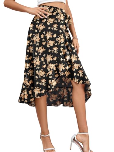 LYANER Women's Boho Floral Print Wrap Front Self Tie Knot Ruffle Hem Split Midi Skirt4