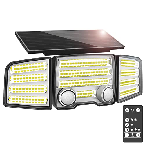 Solar Outdoor Lights, 4000LM Motion Sensor Outdoor Lights with Remote, IP65 Waterproof Powered Flood Lights, 3 Head Security Lights with 2 Sensitive PIR Motion Inductor for Outside Yard Patio