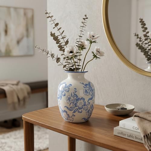 Wancetang Blue and White Chinoiserie Vase for Home Decor- 7 Inch Ceramic Floral Vase for Pampas Grass, Night Stand, Coastal, Kitchen Island, Dining Table Decor