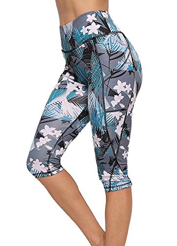 RIOJOY Leggings Sport 3/4 Femme Push Up Amincissant,Pantacourt Yoga Haute Taille avec Poches,Pantalon Été Court Slim Fit,Tenue Sport Élastique Collant A-Blanc Bleu Imprimé L Cover