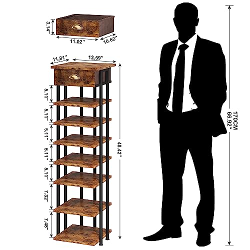 Homeiju 8 Tier Shoe Rack For Entryway Metal Shoe Racks Storage, Free Standing Shoes Rack Narrow Slim Vertical Shoe Rack Shelf Organizer With Wooden Top For Entry, Entrance, Hallway, Rustic Brown #TOP7