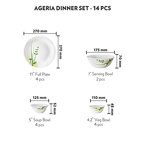 Image of Larah by Borosil Opalware Dinner Set Microwave & Dishwasher Safe | Bone-Ash Free | Crockery Set for Dining & Gifting | Plates & Bowls (Green Herbs, 14pc)
