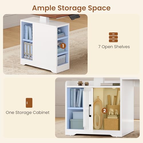 SEDETA Farmhouse L Shaped Electric Standing Desk, 63\" x 67\" Height Adjustable Home Office Executive Desk with Drawers and Shelves, Standing Computer Desks with Power Outlet for Home Office, White