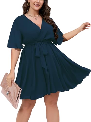 Image of SCOMCHIC Women's Plus Size Summer Dresses Short Sleeve Wrap V Neck A Line Skater Mini Short Dress XL-4XL