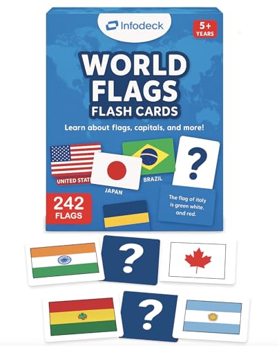 InfoDeck Countries of The World – 242 Kids Flags Flash Cards │Geography Cards Game with Country Flags, Capitals, Languages & Continents [2025 Updated] │Infodeck