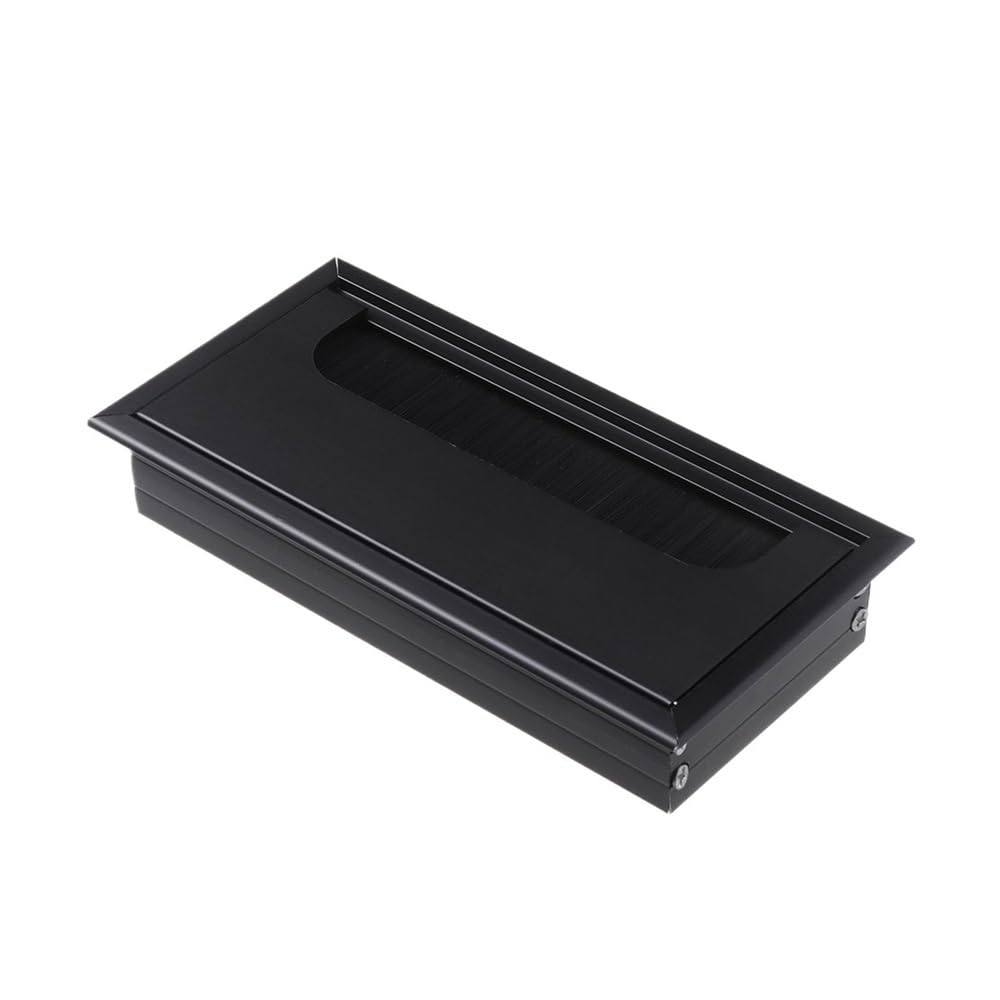 Przepusty kablowe do biurka， Biurko PC ze stopu aluminium Prostokątny drut Przelotka na kabel Stół biurowy Pokrywa otworu Port wyjściowy z czarną szczotką(Black,80x160mm)