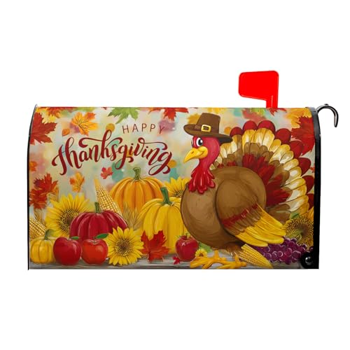 Image of Happy Thanksgiving Day Mailbox Cover Magnetic Standard Size 21 x 18 Thanksgiving Turkey Mailbox Cover Fall Harvest Post Letter Box Wrap Decor for Farmhouse Garden Yard Outdoor Decoration