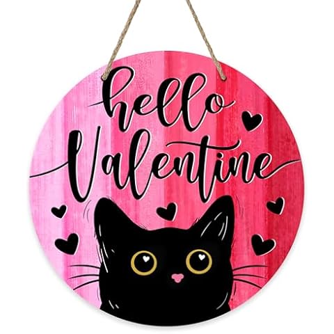 Bolisom Hello Valentine's Day Black Cat Front Door Sign, Kitty Love Heart Pink Wood Door Hanger Outdoor Outside Porch Decor, Anniversary Wedding Wooden Wreath Indoor Wall Hanging Decoration Cover