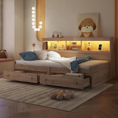 KOMHTOM 90x200cm Lit de Jour Extensible avec Canapé, 2 Prises USB et 2 Prises de Recharge, LED avec 2 Tiroirs de Rangement(sans Matelas) (Naturel)