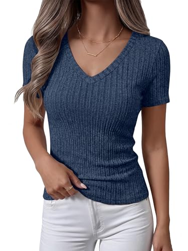 ANRABESS Womens Tops Summer Short Sleeve V Neck Sweater,Dark Blue,S