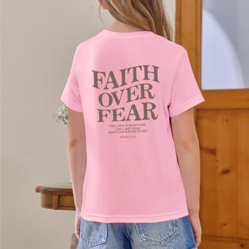 Image of Faith Over Fear Shirt Christian Jesus Tshirts for Girls Religious Inspirational Tees Bible Verse Tops for Kids 3-12