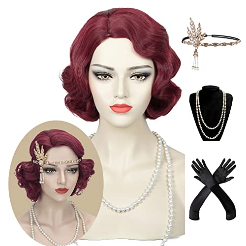 Image of Finger Wave Wig Women Dark Red Flapper 1920s Vintage Lady Short Curly Wig Halloween Party Cosplay Costume Synthetic Hair + Accessories (Burgundy)