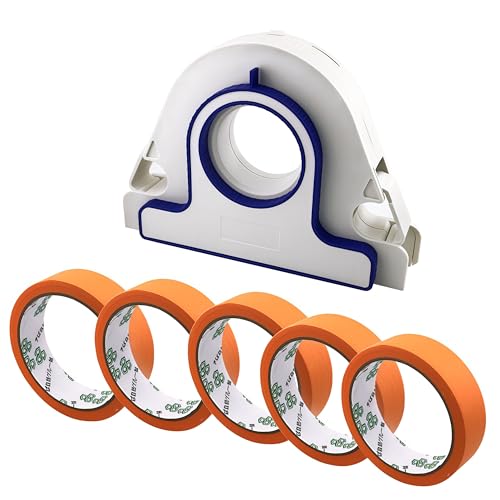 Wanym Masking Tape Applicator for Painting 25mm Tape Dispenser with 5 Rolls Painters Tape Built-in Scraper Professional Painter Tape Applicator for DIY Crafts Tape Trim and Door Frames Orange