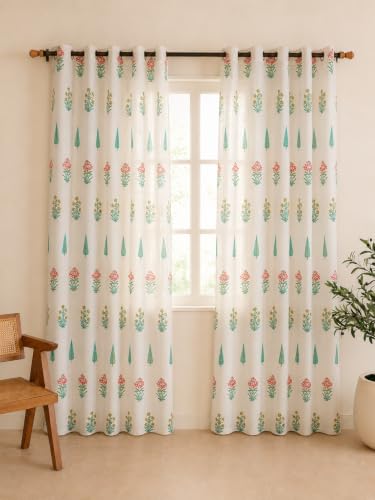 Image of Clasiko Block Print Sheer Door Curtains| 7 Feet | 40% Light Filtering Linen Textured Curtains with Eyelets & Tieback | Elegant Floral