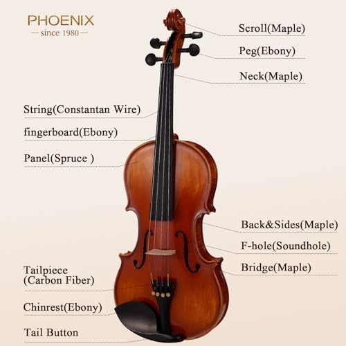 Image of PHOENIX Violin 1 /2 Size Set, Fiddle Solid Wood for professional Beginners Adults Kid with Ironwood Octagonal Bow & Rosewood Bow Extra strings & Bridge, 2 Rosins, Tuner, Mute, Case (Natural, 1 /2)