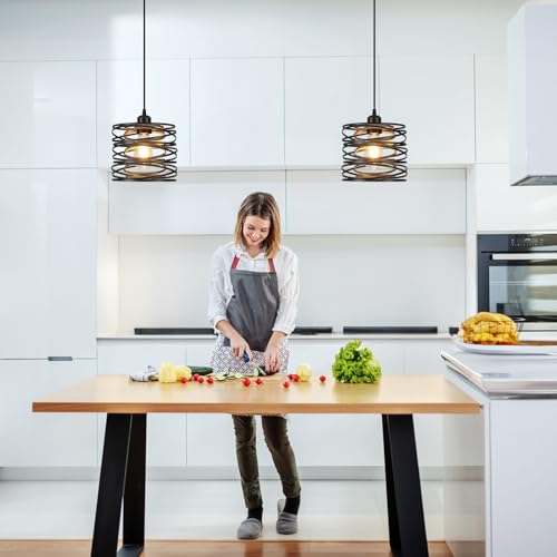 Ynzefly Pendant Lights Kitchen Island - Metal Hanging Light Fixtures Wood Farmhouse Pendant Lighting for Dining Room Bedroom Bar Office, Industrial Black, 2 Pack - ETL Certified by Ynzefly - Used condition - Image 7