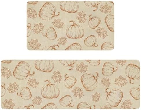 Fuoxowk Fall Kitchen Rugs Set of 2,Orange Pumpkin Maple Leaves Autumn Thanksgiving Farmhouse Floor Mats and Rugs Non Skid Washable for Kitchen Home Decor (17""x47""+17""x30"")