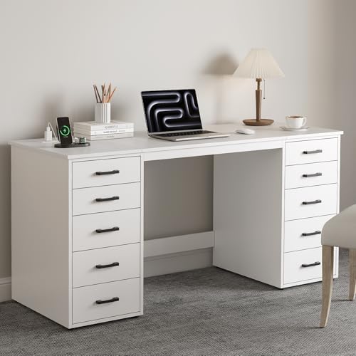 WOPITUES 60 Modern Home Office Desk with 10 Wooden Drawers. Computer Writing Desk with Power Out...