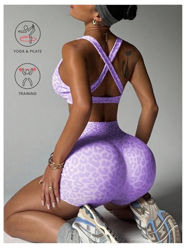 SHENHE Women's Leopard Workout Set 2 Piece Twist Front Cross Back Sports Bra Biker Shorts Set3