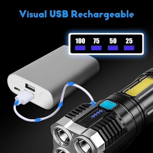 Image of 4-in-1 LED Torch Lights Rechargeable Emergency Torch Light 3W USB Charge Flashlight - High Power Long Distance Beam Range 4 Mode Torch for Outdoor, Indoor, Hiking, Walking, Camping